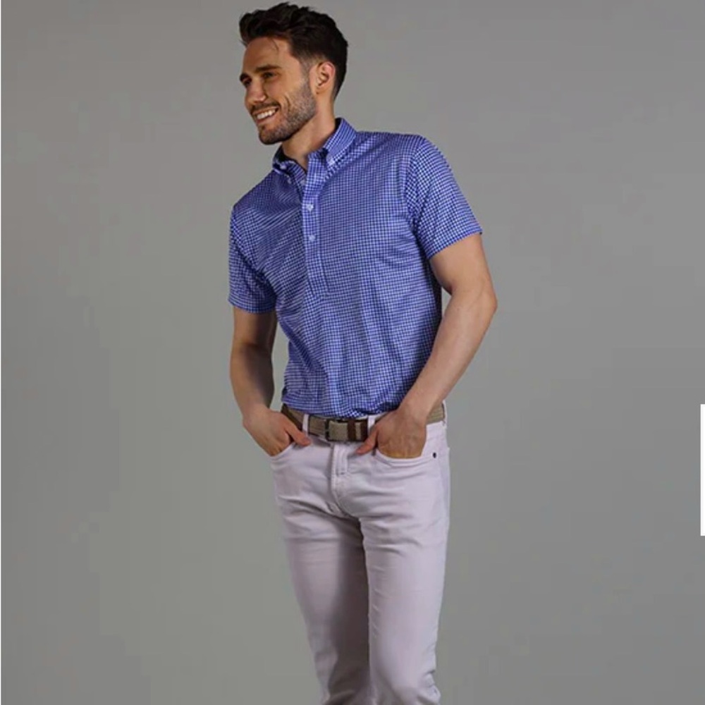 Oxford Button Down Collar Polo Blue Gingham - Men’s Medium - short sleeve - blue